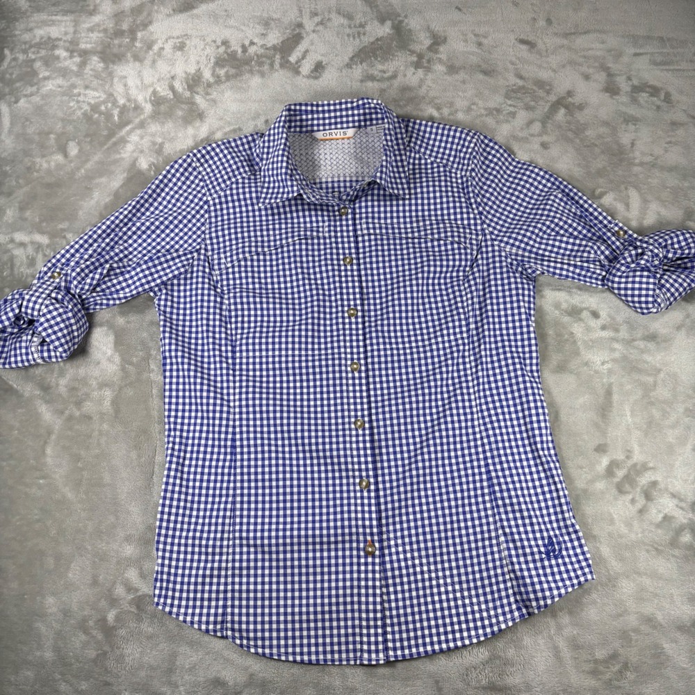 Orvis Womens Blue Gingham Check Roll Tab Sleeve Mesh Back Hiking Shirt Small‎